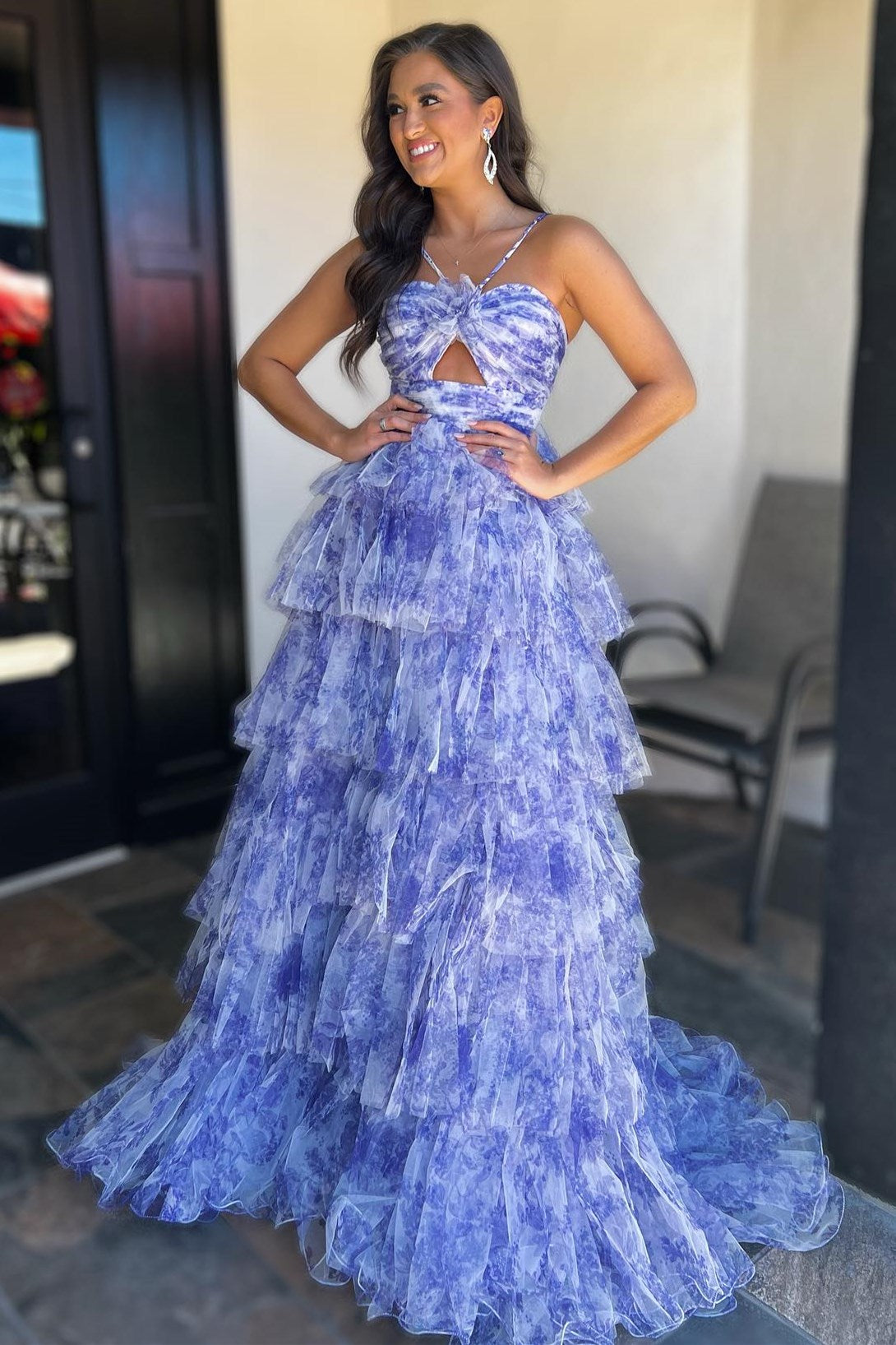 Blue Prom Dress Print Halter Keyhole Ruffle Tiered Long Evening Dress
