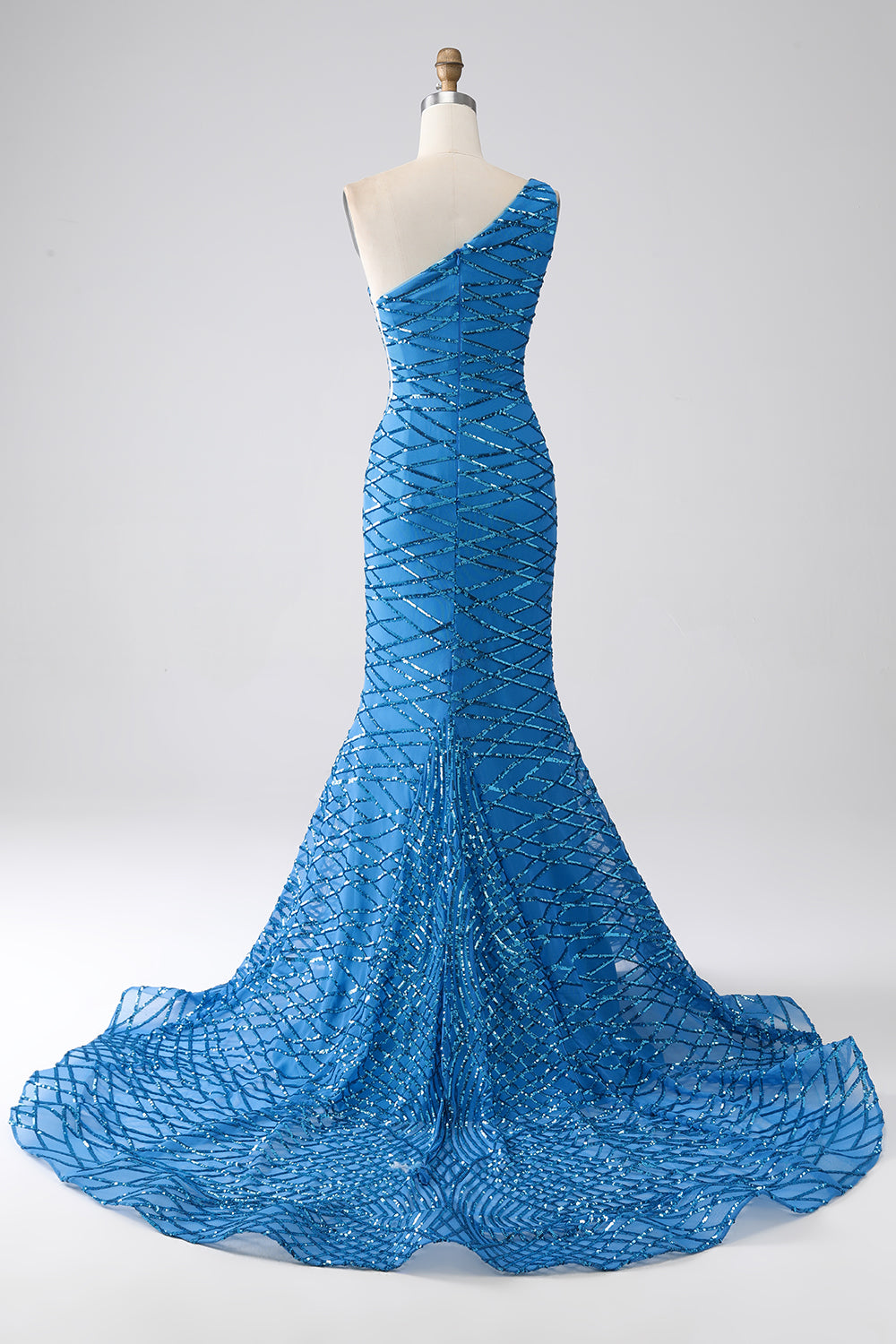 Blue Prom Dress Sequined Mermaid One Shoulder Long Evening Dress