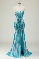 Blue Prom Dress Spaghetti Straps Mermaid Long Evening Dress with Sequined