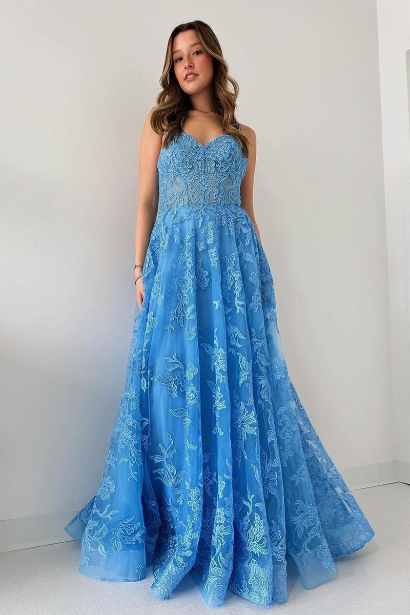 Blue Prom Dress Spaghetti Straps Tulle Appliques Long Evening Dress