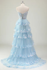 Blue Prom Dress Strapless Corset Long Sequined Evening Dress with Slit