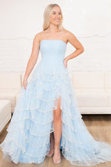 Blue Prom Dress Strapless Layered Tulle Elegant with Sequin Evening Dress