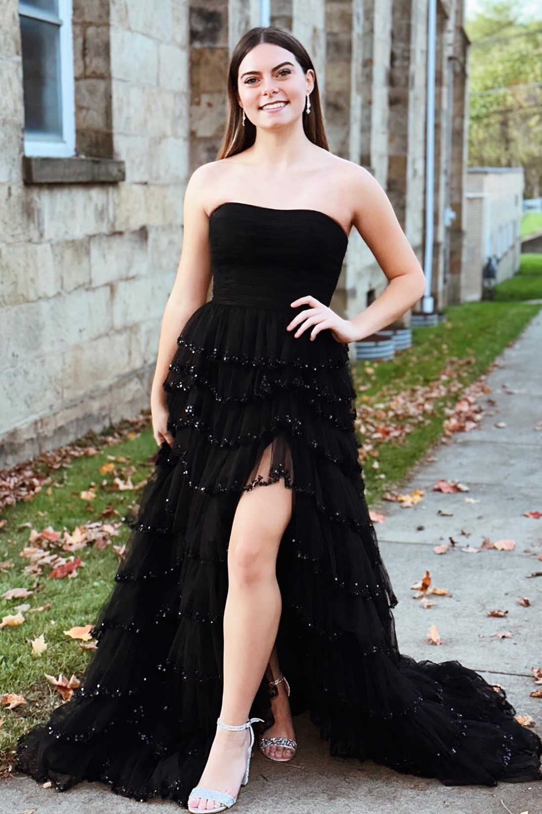 Blue Prom Dress Strapless Layered Tulle Elegant with Sequin Evening Dress