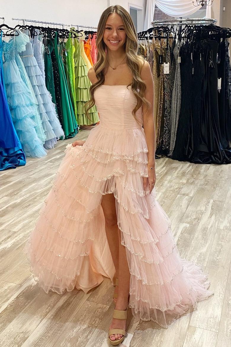 Blue Prom Dress Strapless Layered Tulle Elegant with Sequin Evening Dress