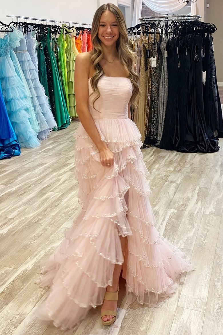 Blue Prom Dress Strapless Layered Tulle Elegant with Sequin Evening Dress