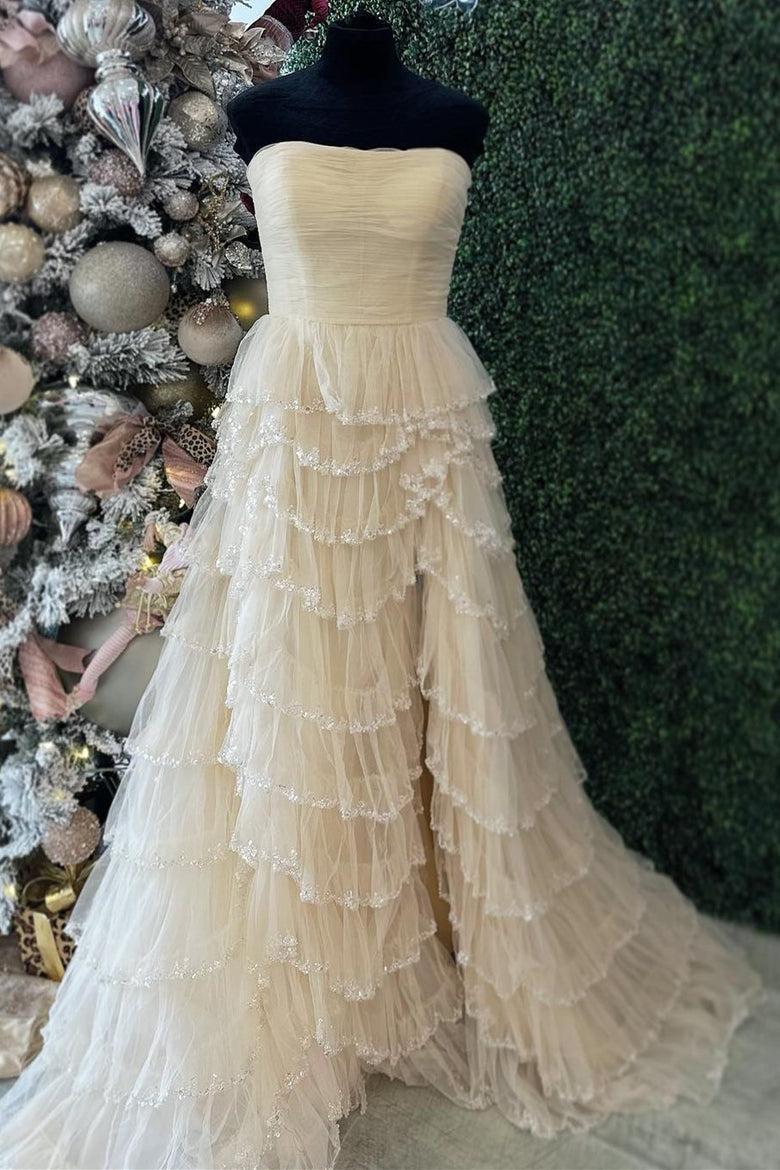 Blue Prom Dress Strapless Layered Tulle Elegant with Sequin Evening Dress