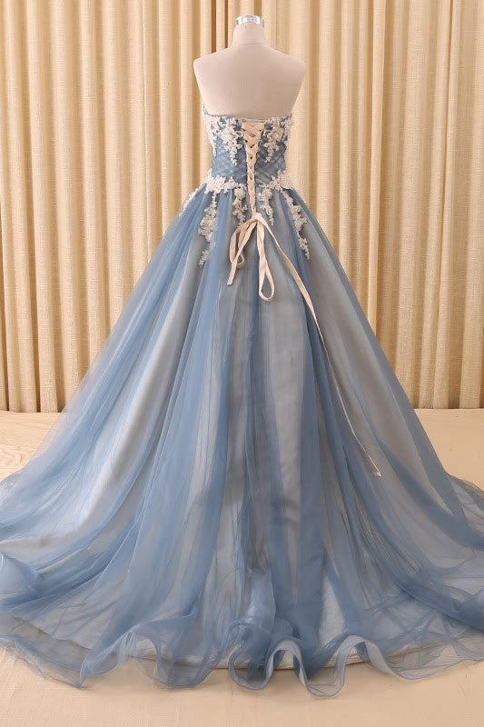 Blue Prom Dress Sweetheart Neck Lace Tulle Long Evening Dress