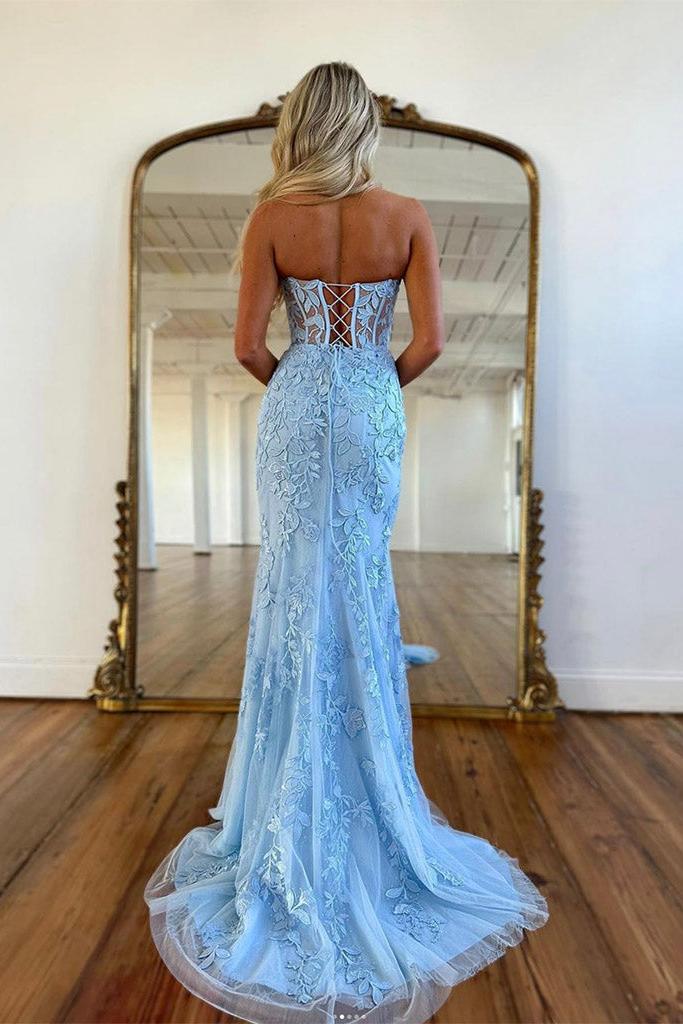 Blue Prom Dress Sweetheart Neck Lace Tulle Mermaid Long Formal Gown Evening Dress