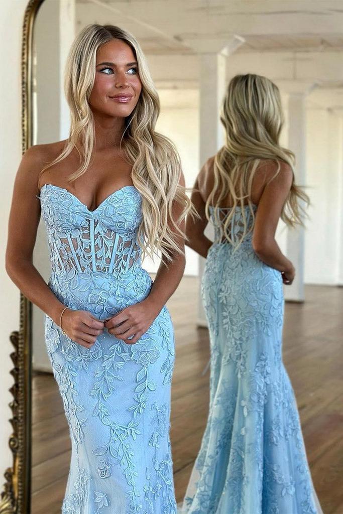 Blue Prom Dress Sweetheart Neck Lace Tulle Mermaid Long Formal Gown Evening Dress