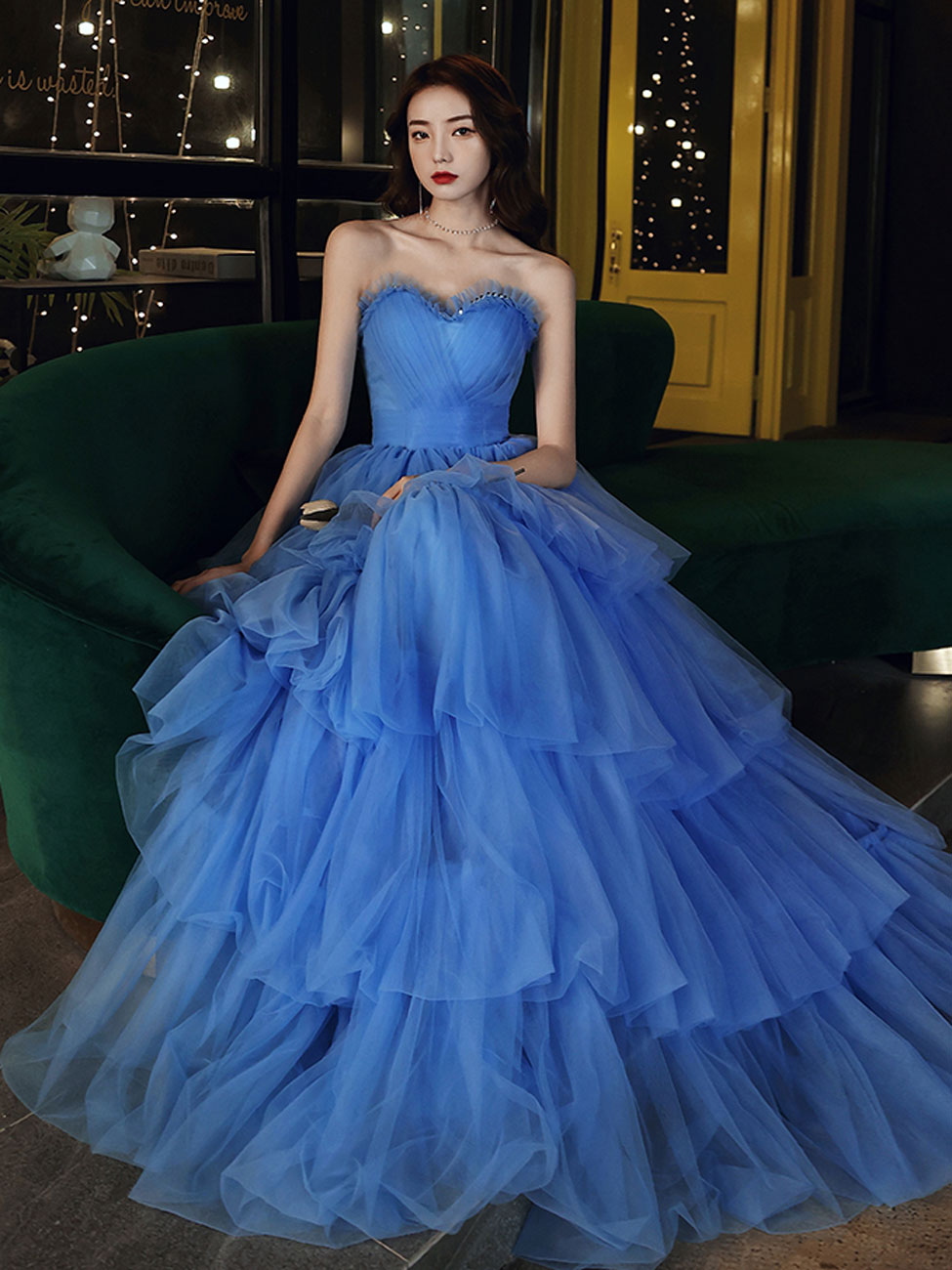Blue Prom Dress Sweetheart Neck Long Formal Sweet 16 Dress Evening Dress