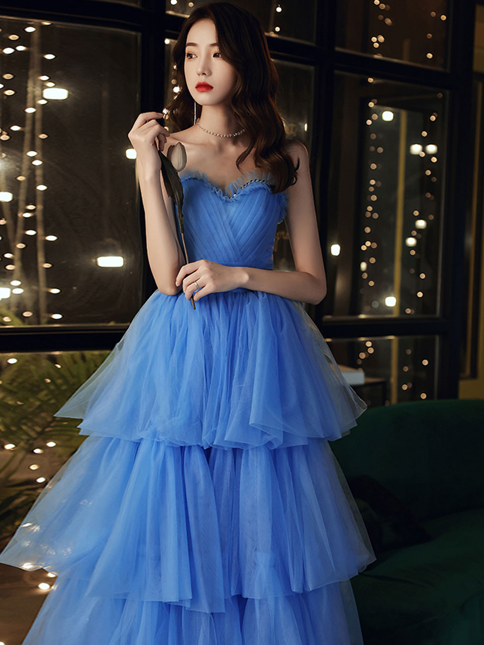 Blue Prom Dress Sweetheart Neck Long Formal Sweet 16 Dress Evening Dress