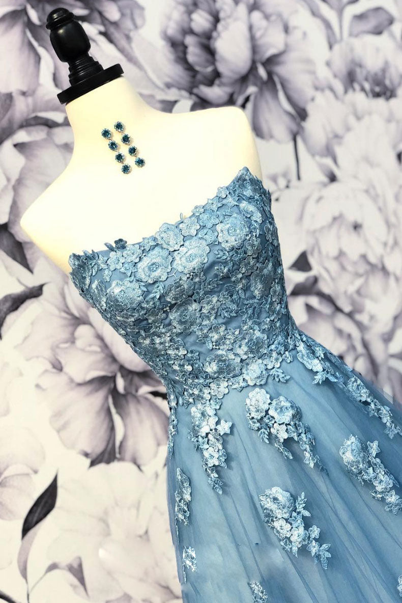 Blue Prom Dress Sweetheart Neck Tulle Appliques Long Formal Gown Evening Dress
