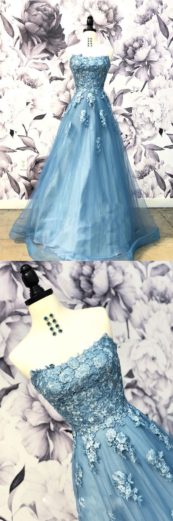 Blue Prom Dress Sweetheart Neck Tulle Appliques Long Formal Gown Evening Dress