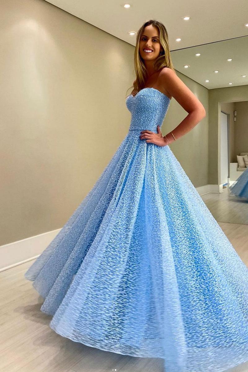 Blue Prom Dress Sweetheart Neck Tulle Beaded Long Formal Evening Dress