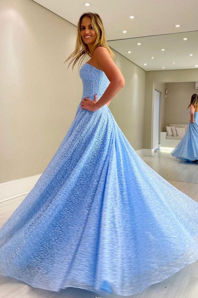 Blue Prom Dress Sweetheart Neck Tulle Beaded Long Formal Evening Dress