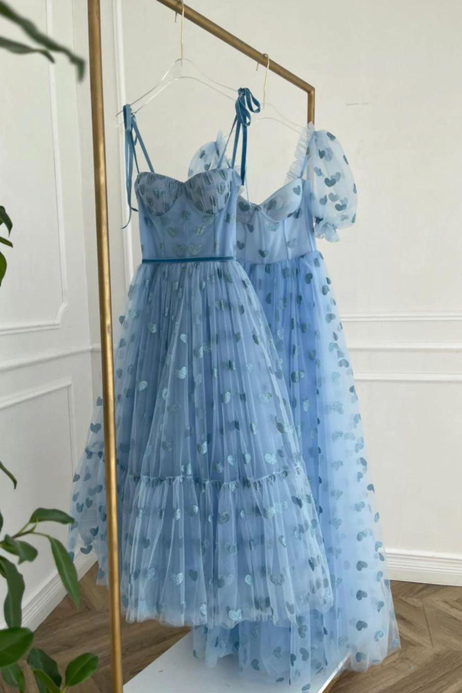 Blue Prom Dress Sweetheart Neck Tulle Formal Evening Dress