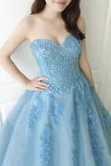 Blue Prom Dress Sweetheart Neck Tulle Lace Long Evening Dress