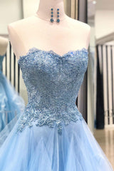 Blue Prom Dress Sweetheart Neck Tulle Lace Long Evening Dress