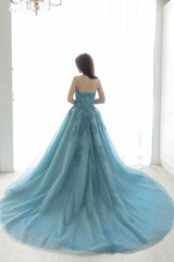 Blue Prom Dress Sweetheart Neck Tulle Lace Long Evening Dress