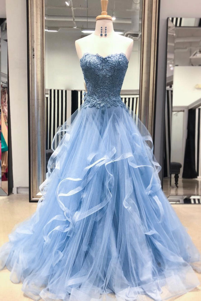 Blue Prom Dress Sweetheart Neck Tulle Lace Long Evening Dress