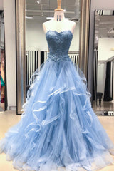 Blue Prom Dress Sweetheart Neck Tulle Lace Long Evening Dress