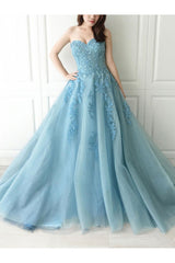 Blue Prom Dress Sweetheart Neck Tulle Lace Long Evening Dress