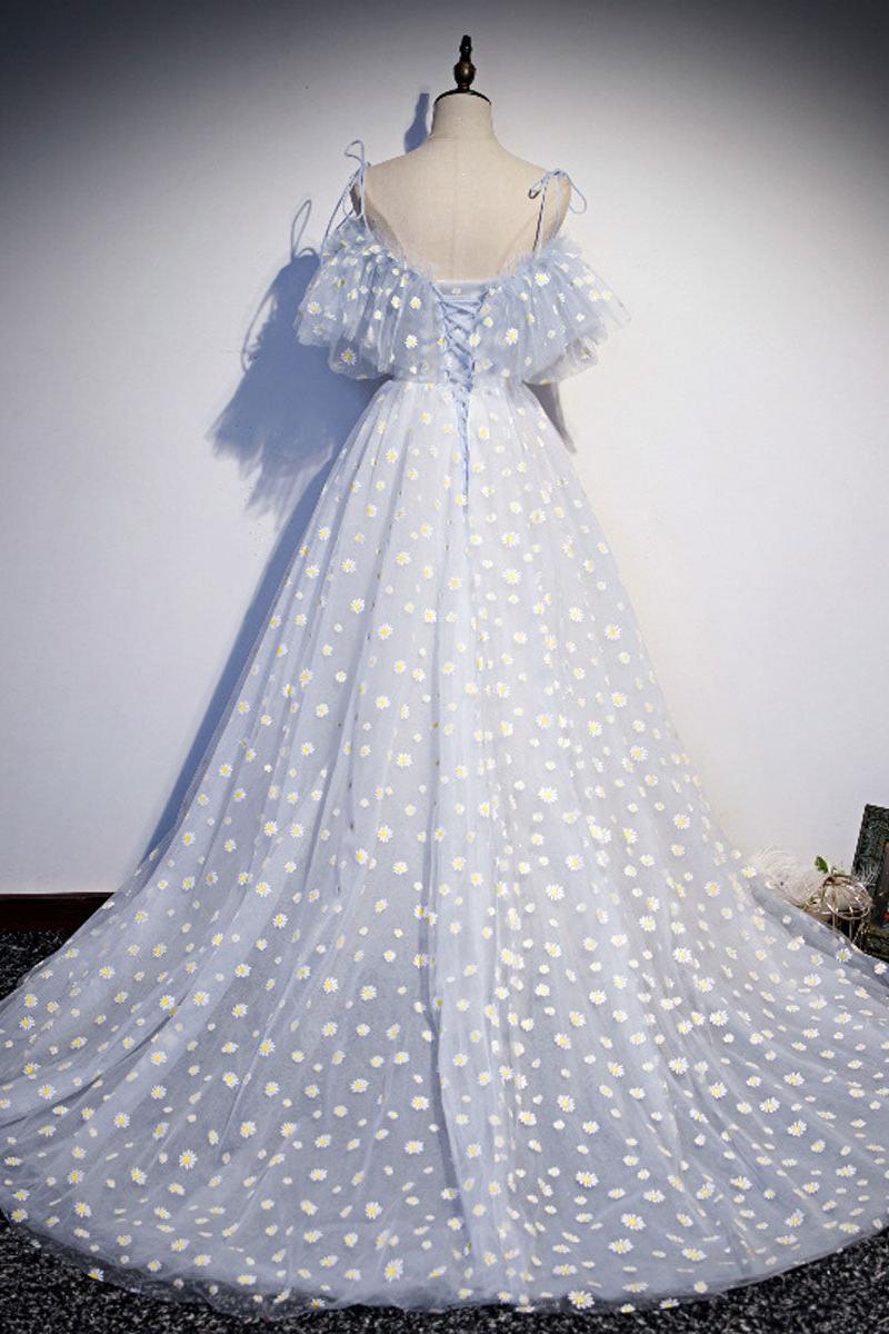 Blue Prom Dress Sweetheart Neck Tulle Long Formal Dress Evening Dress