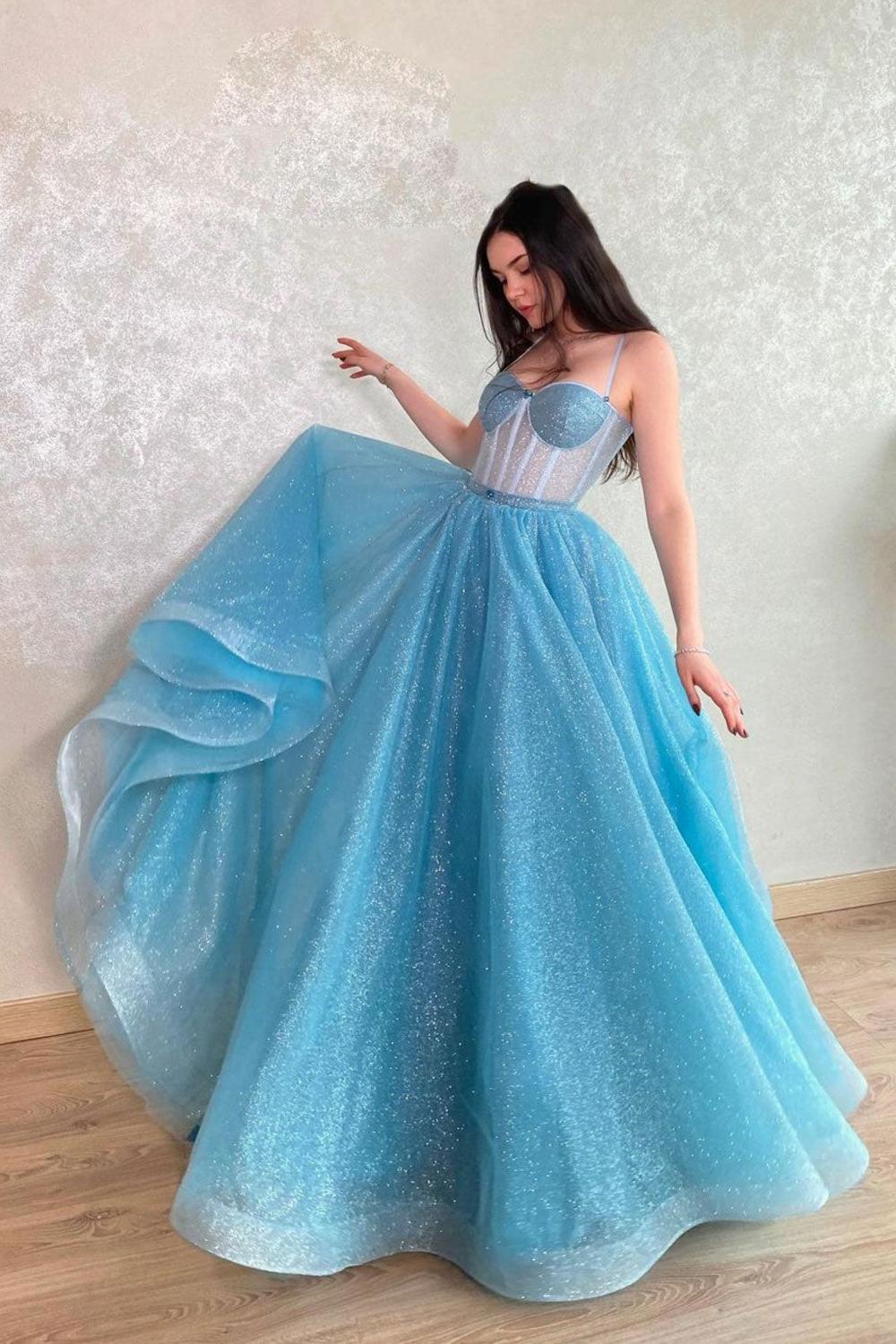 Blue Prom Dress Sweetheart Neck Tulle Sequin Long Evening Dress