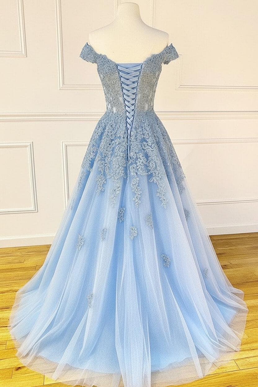 Blue Prom Dress Sweetheart Off the Shoulder Lace Tulle Long Formal Dress Evening Dress