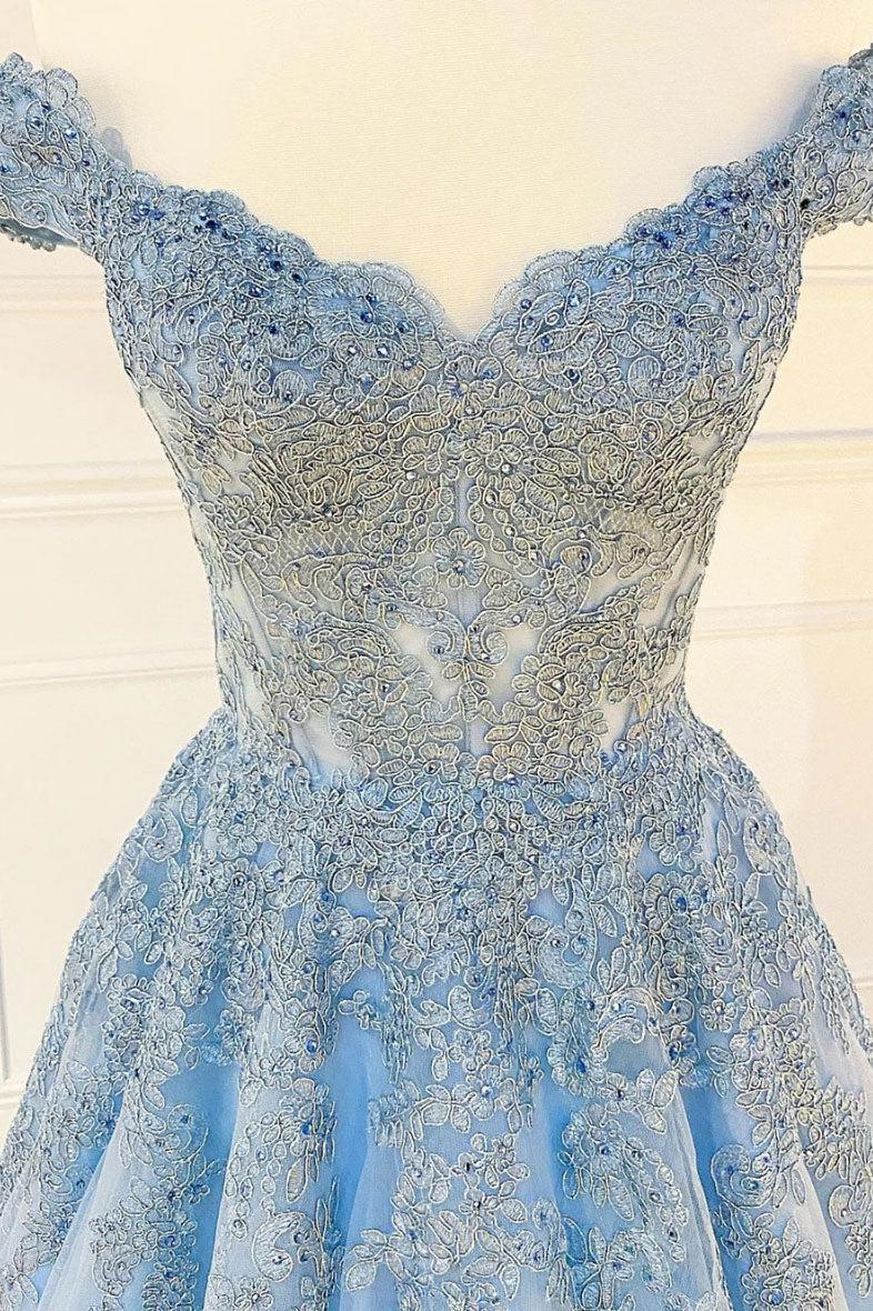 Blue Prom Dress Sweetheart Off the Shoulder Lace Tulle Long Formal Dress Evening Dress