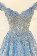 Blue Prom Dress Sweetheart Off the Shoulder Lace Tulle Long Formal Dress Evening Dress
