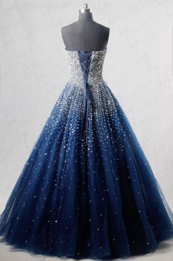 Blue Prom Dress Sweetheart Sequin Tulle Long Evening Dress