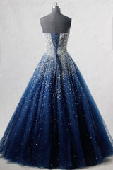 Blue Prom Dress Sweetheart Sequin Tulle Long Evening Dress