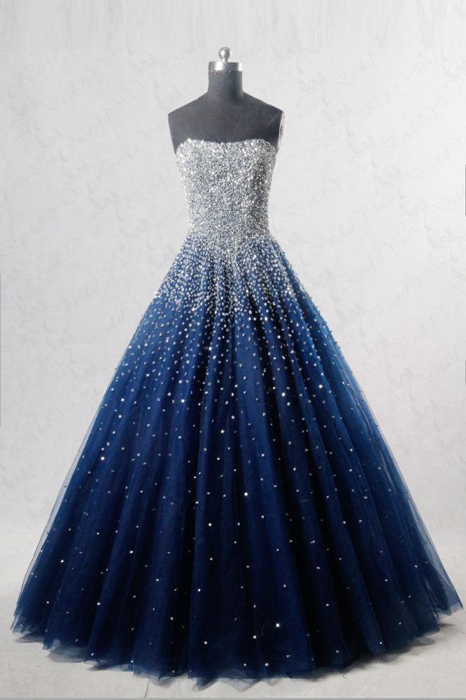 Blue Prom Dress Sweetheart Sequin Tulle Long Evening Dress