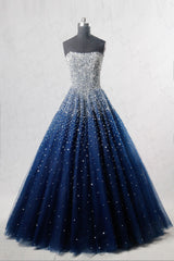 Blue Prom Dress Sweetheart Sequin Tulle Long Evening Dress