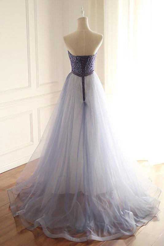 Blue Prom Dress Sweetheart Tulle Beaded Long Evening Dress