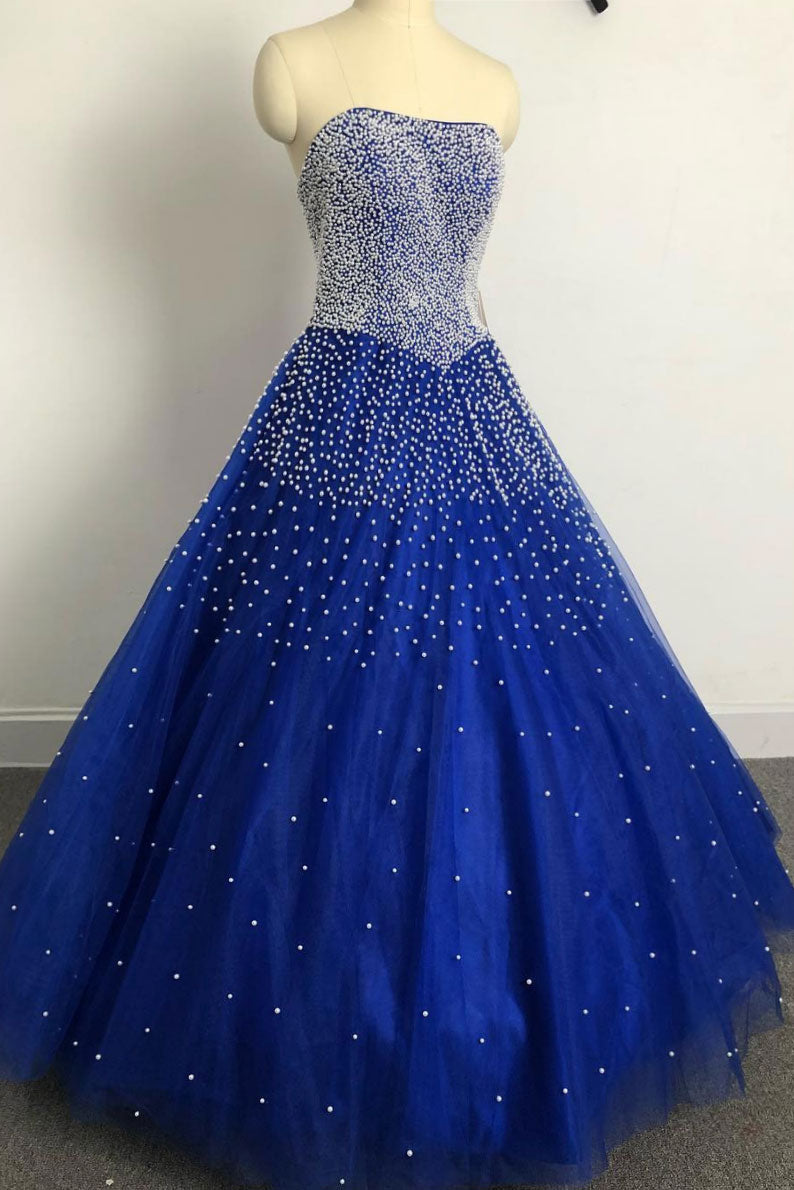 Blue Prom Dress Sweetheart Tulle Beaded Long Evening Dress