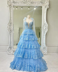 Blue Prom Dress Tiered Lace A Line Corset Long Evening Dress