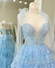 Blue Prom Dress Tiered Lace A Line Corset Long Evening Dress