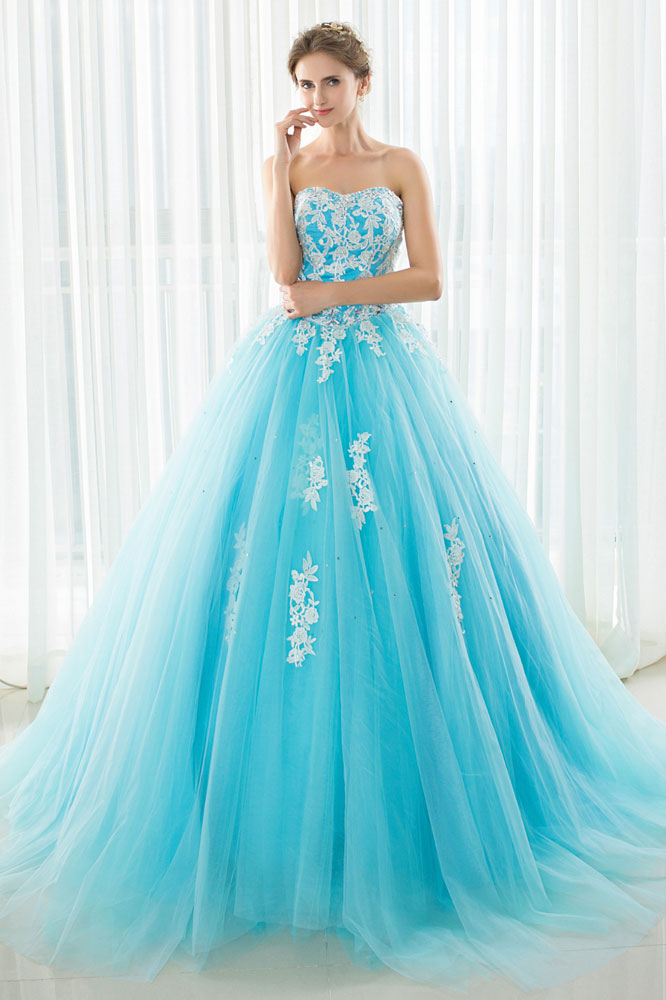 Blue Prom Dress Tulle Lace Appliques Long Formal Evening Dress
