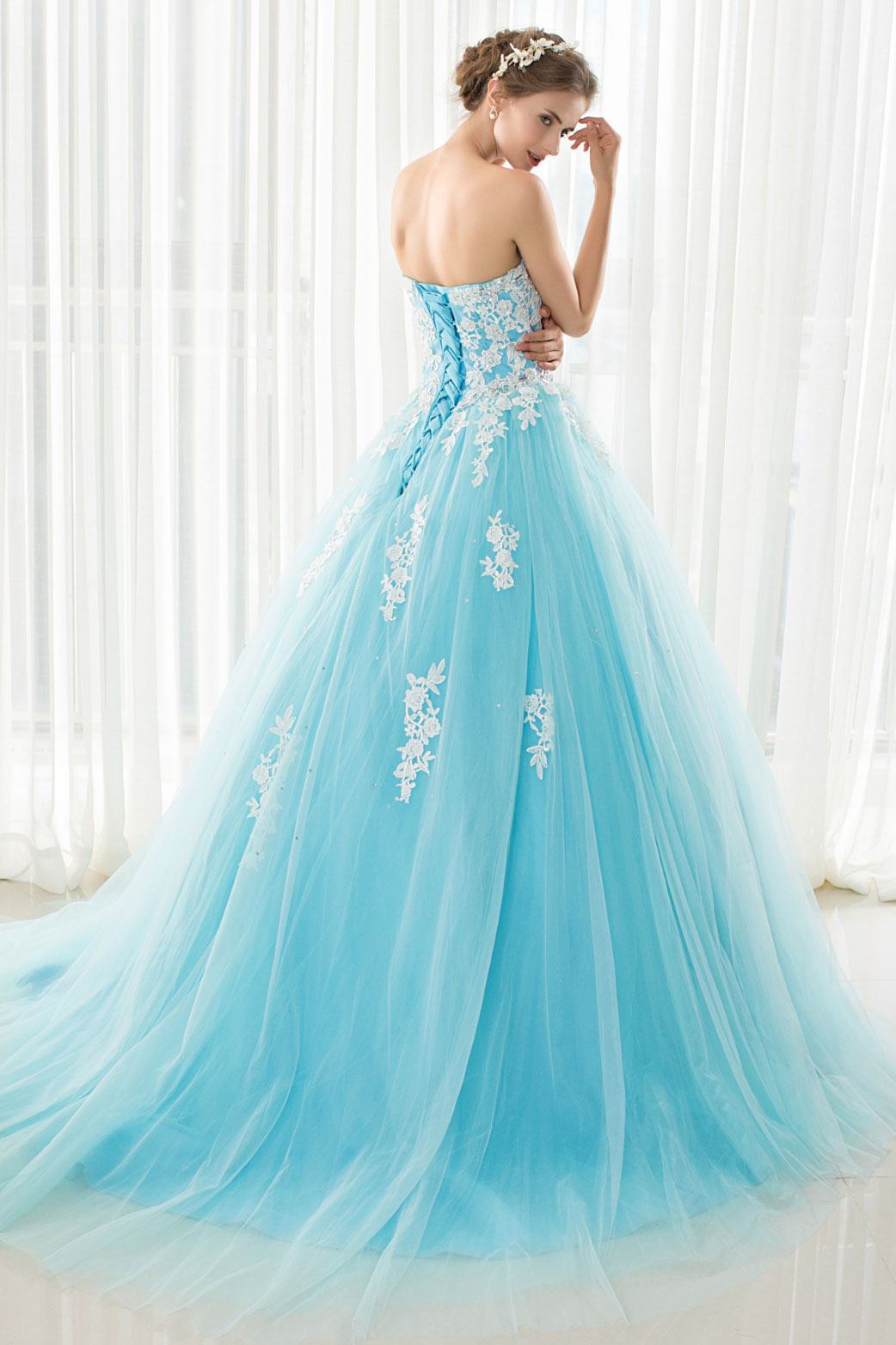 Blue Prom Dress Tulle Lace Appliques Long Formal Evening Dress