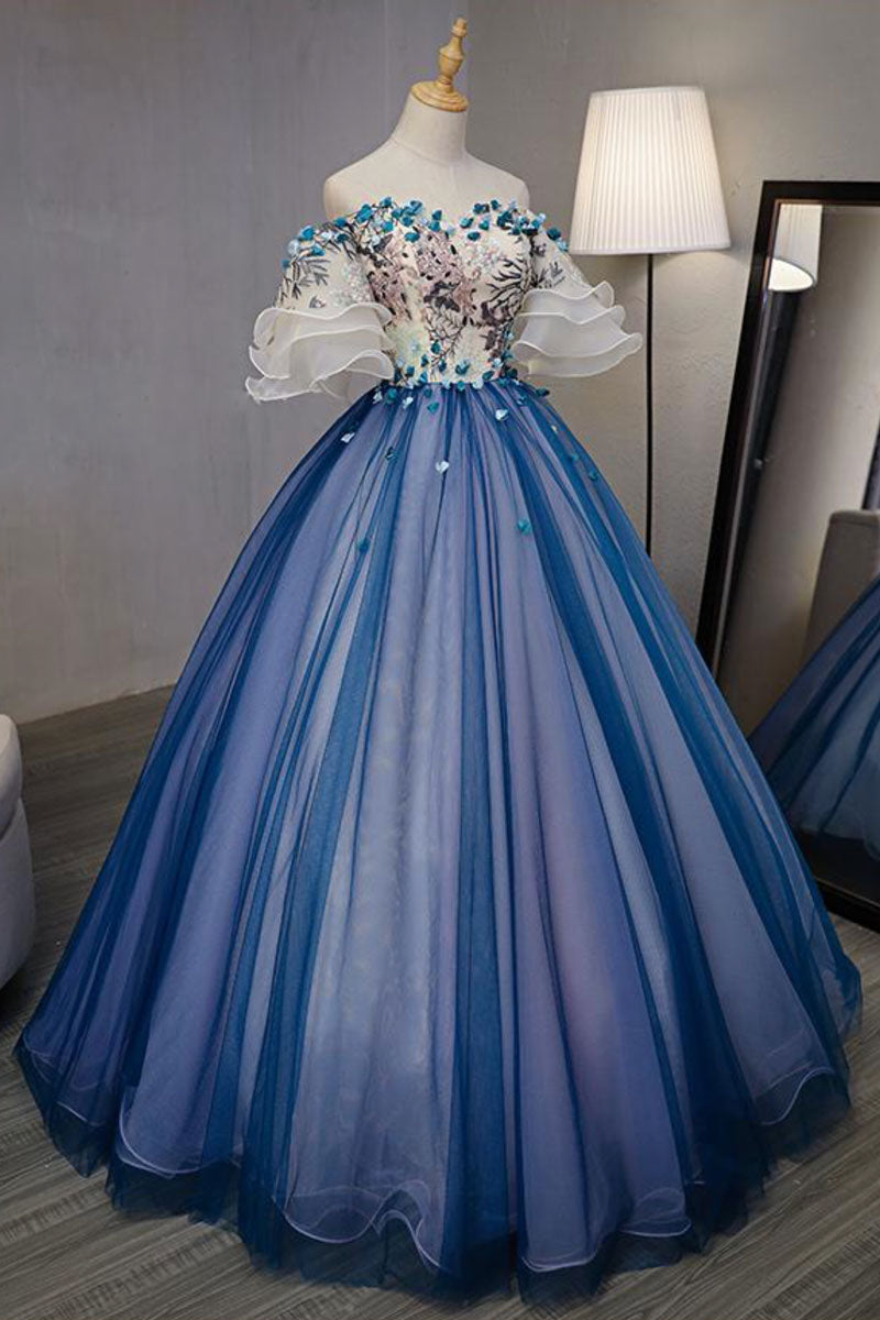 Blue Prom Dress Tulle Lace Appliques e Long Formal Gown Evening Dress