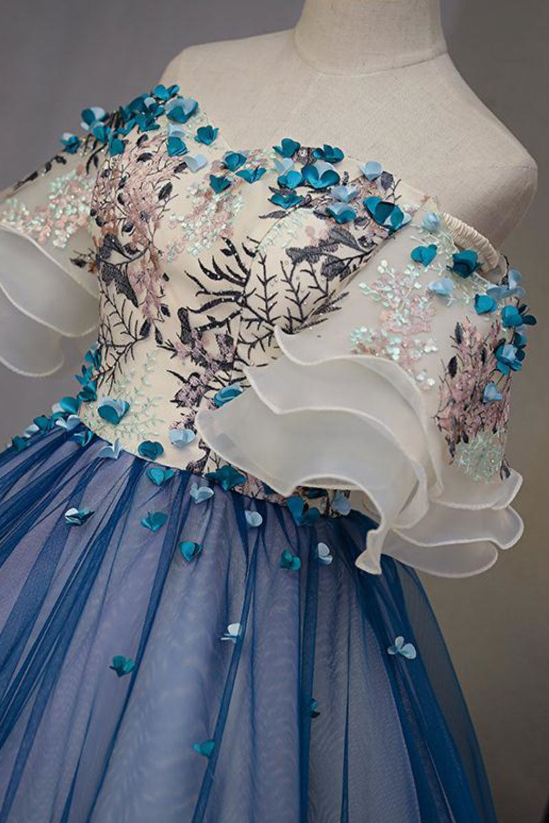 Blue Prom Dress Tulle Lace Appliques e Long Formal Gown Evening Dress