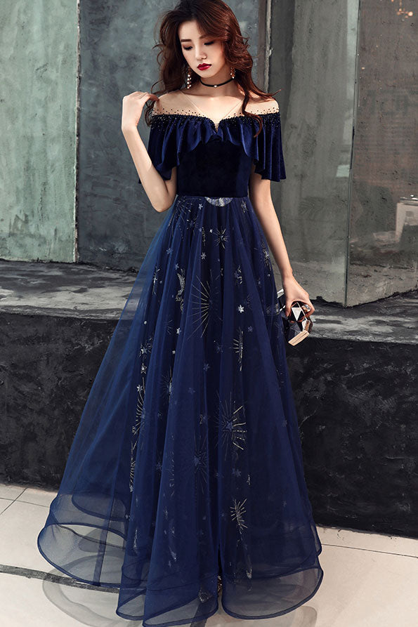 Blue Prom Dress Tulle Lace Long Evening Dress