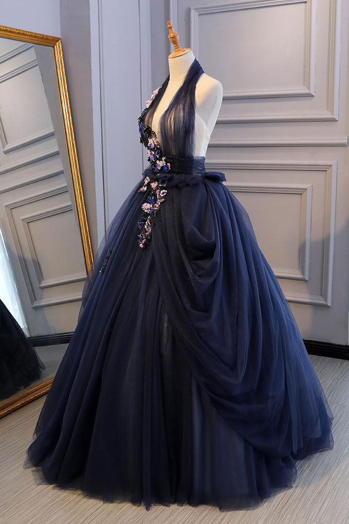 Blue Prom Dress Tulle Lace Long Evening Dress
