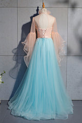 Blue Prom Dress Tulle Lace Long Evening Dress