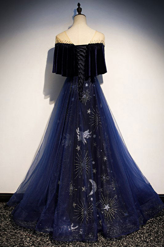Blue Prom Dress Tulle Lace Long Evening Dress