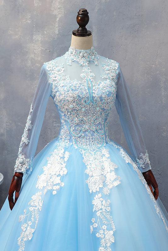 Blue Prom Dress Tulle Lace Long Evening Dress