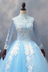 Blue Prom Dress Tulle Lace Long Evening Dress