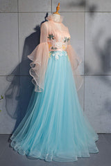 Blue Prom Dress Tulle Lace Long Evening Dress